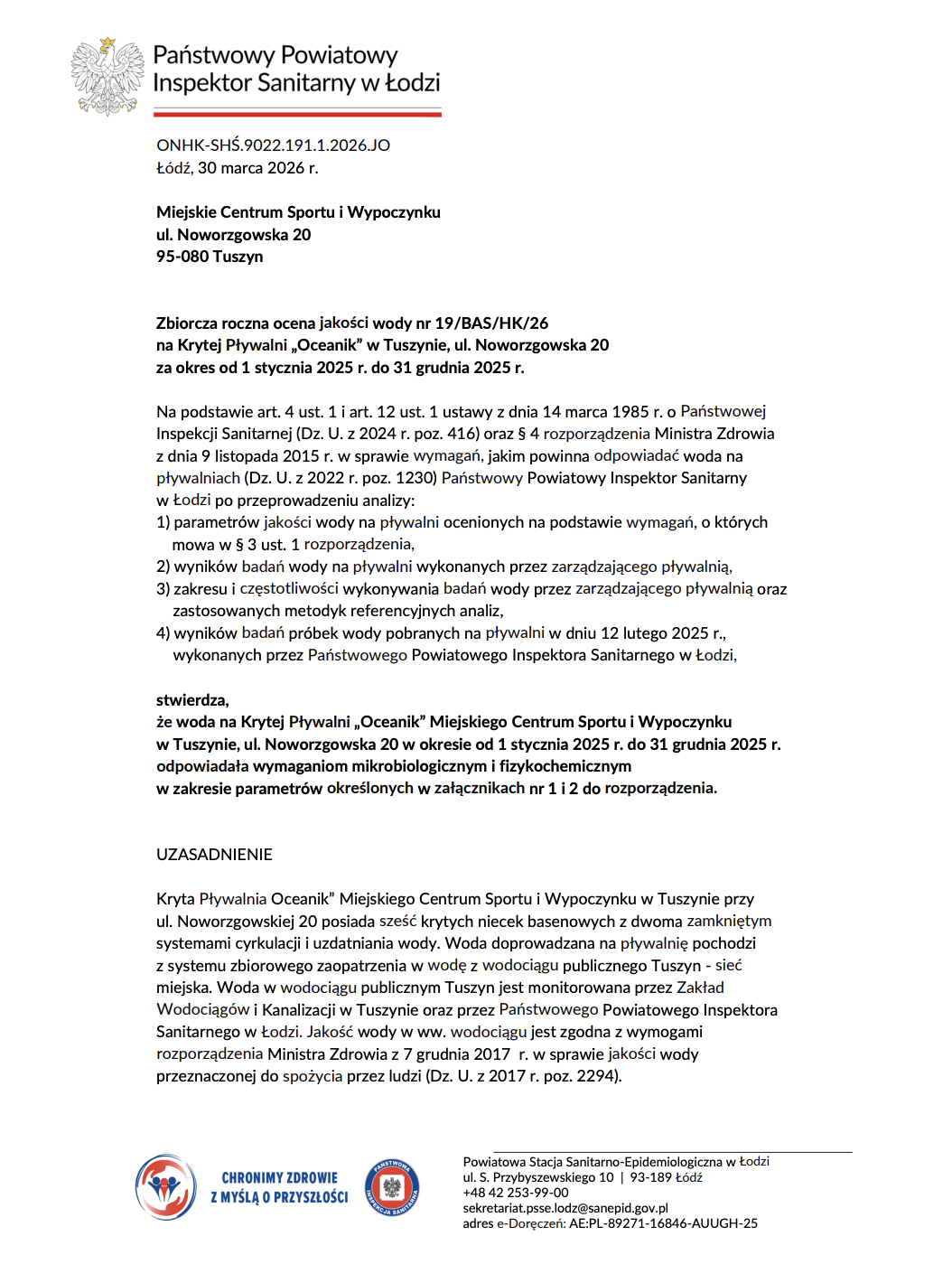 Zbiorcza roczna ocena jakości wody nr 19/BAS/HK/26
na Krytej Pływalni „Oceanik” w Tuszynie, ul. Noworzgowska 20
za okres od 1 stycznia 2025 r. do 31 grudnia 2025 r.